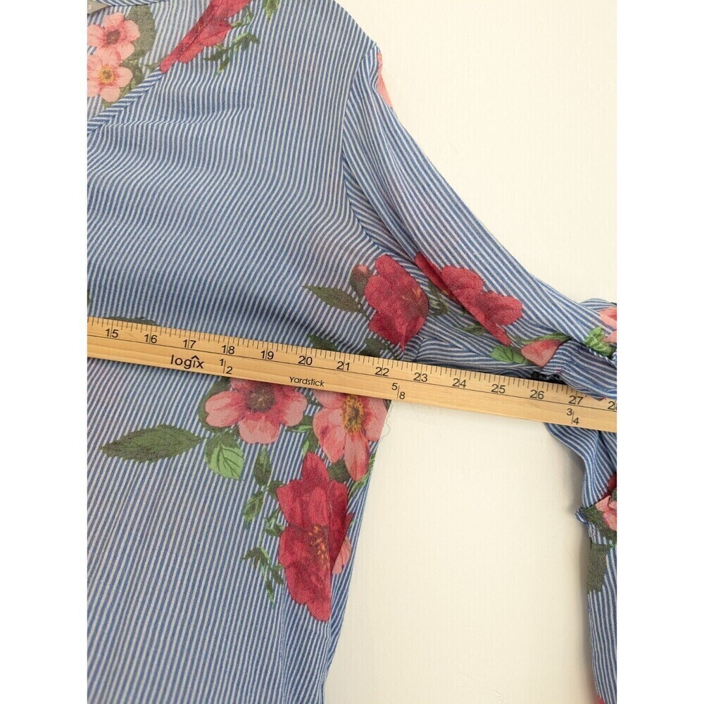 Valerie Stevens Blouse Womens Size L Blue Floral Striped Flowy Boho Hippie Top - Picture 8 of 9